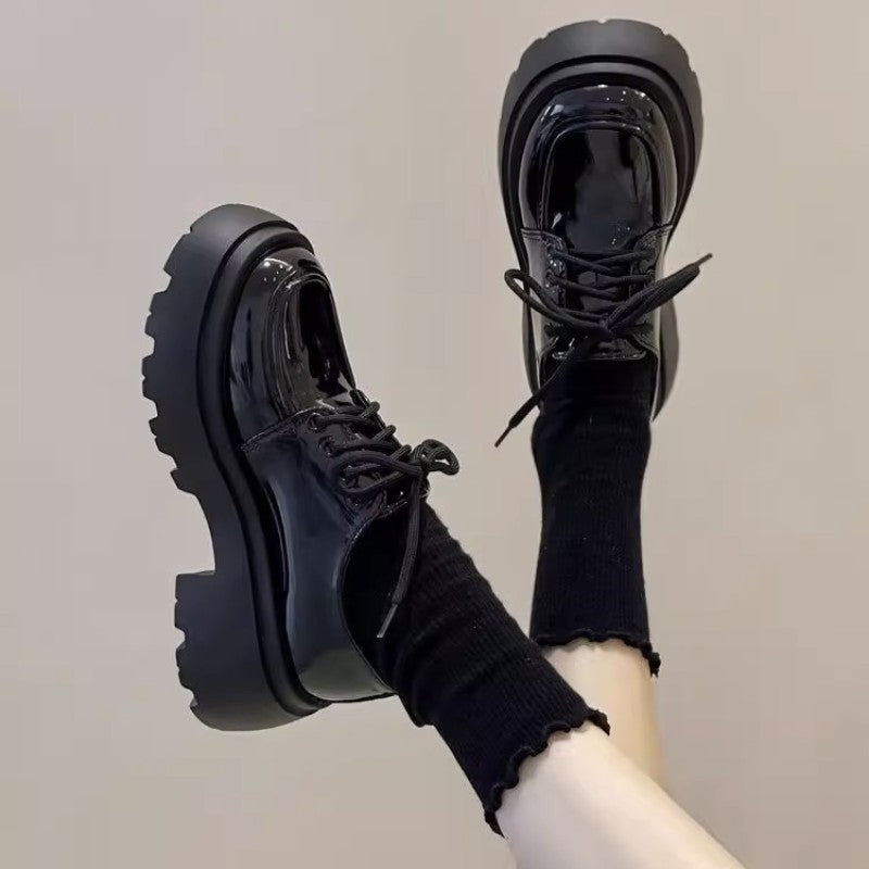 Women's British style chunky sole leather loafers with elevated heel, trendy footwear by FitiqueFit.