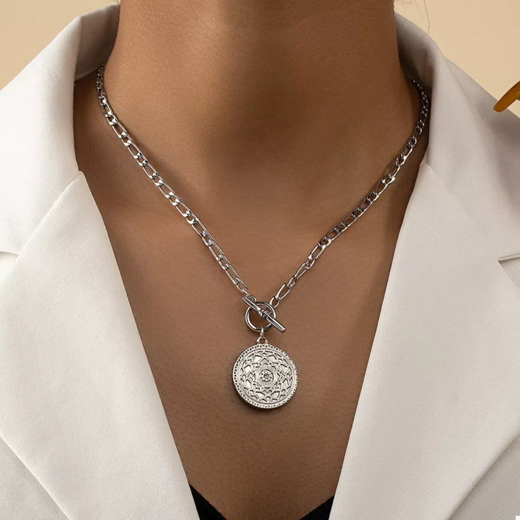 Chain link necklace by Shopimist featuring a vintage coin pendant, stylish jewelry accessory with intricate design.