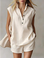 Women's casual sleeveless cardigan top and shorts set by FitiqueFit, featuring a comfortable two-piece summer outfit.