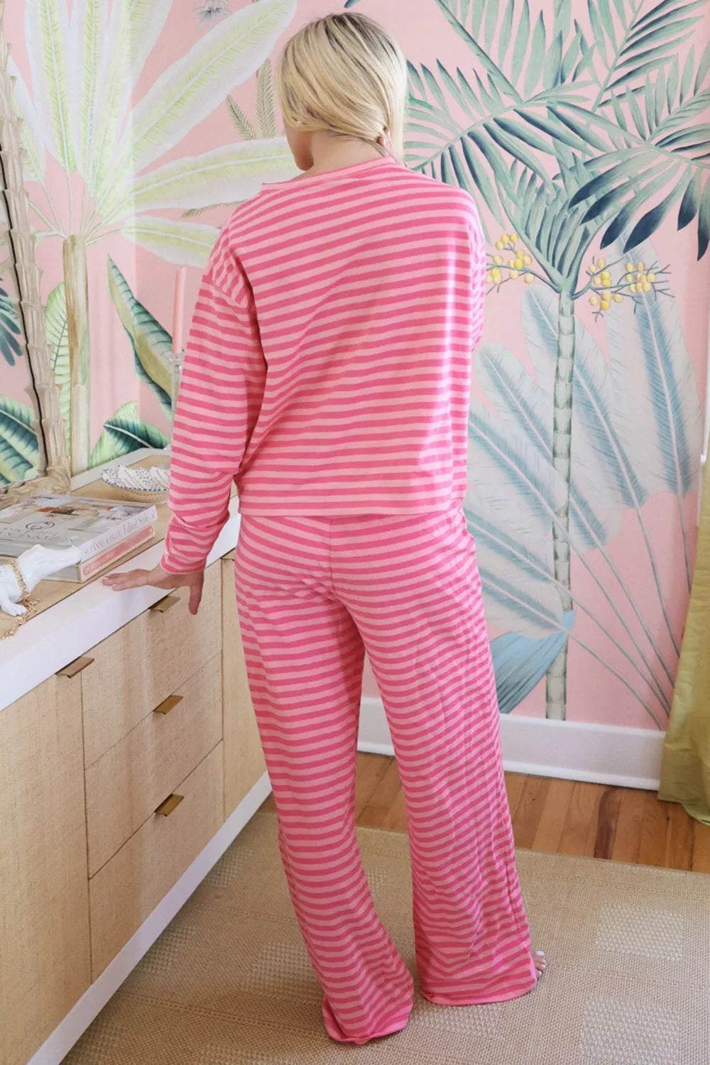 Plush Fashion Hub stripe drop shoulder round neck top with buttoned straight pants two-piece set, casual stylish outfit.