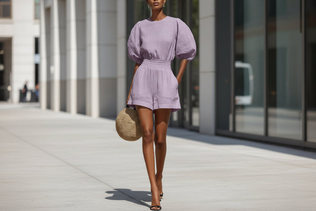 Women's puff-sleeve top and cropped shorts set by FitiqueFit, casual chic casualwear, shown in a stylish, relaxed outfit.