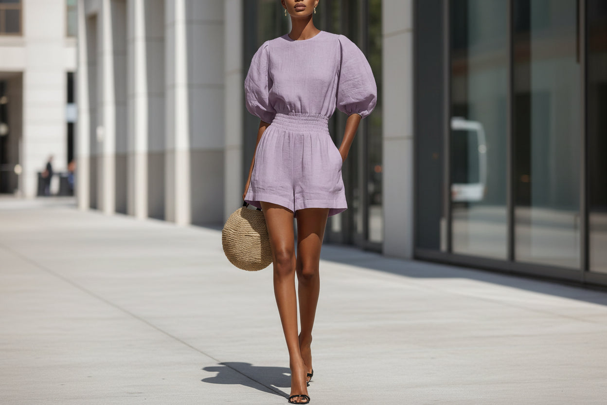 Women's puff-sleeve top and cropped shorts set by FitiqueFit, casual chic casualwear, shown in a stylish, relaxed outfit.