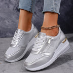 Metallic lace-up side zipper sneakers with thick soles in three colors, styled on a neutral background, brand Plush Fashion Hub.