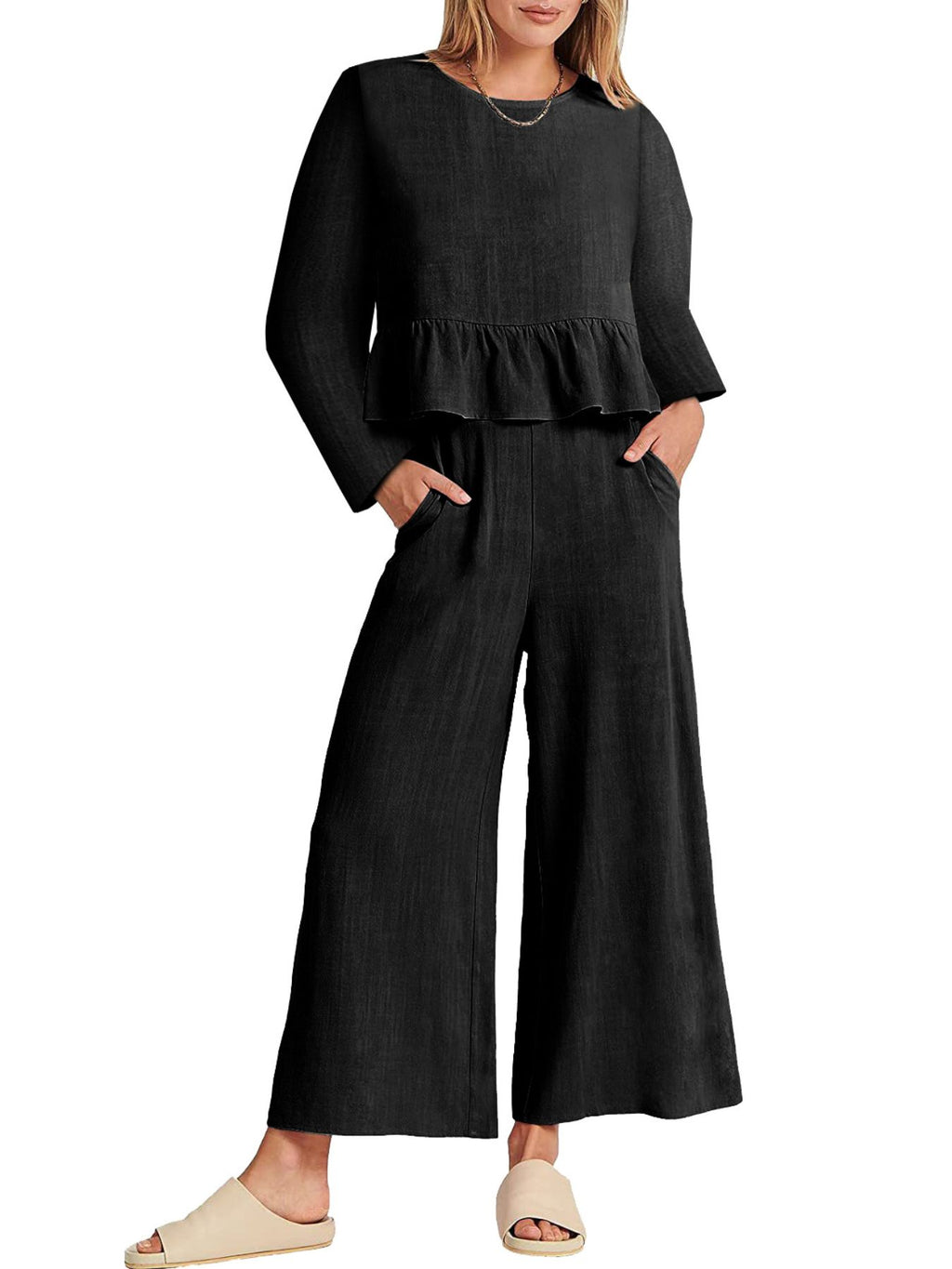 Women's ruffled hem long sleeve top and pants lounge set with pockets, stylish and comfortable two-piece set by Trendsi.