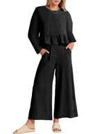 Women's ruffled hem long sleeve top and pants lounge set with pockets, stylish and comfortable two-piece set by Trendsi.