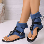 Shopimist toe post buckle sandals featuring a thong style with adjustable buckle straps and a comfortable flat sole.