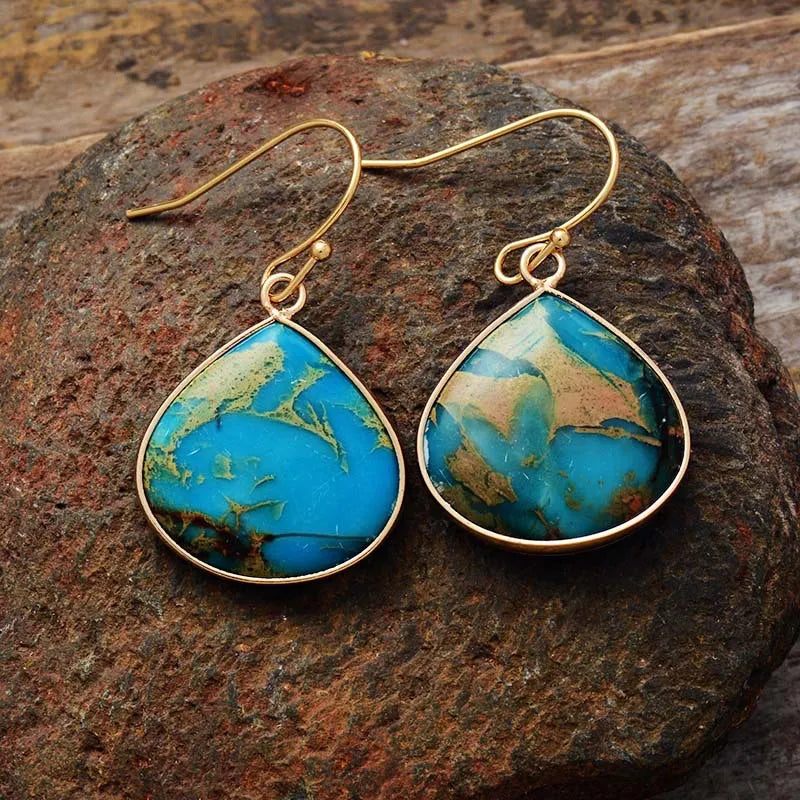 18K gold-plated earrings with natural stones, elegant jewelry featuring colorful gemstone accents and a polished finish.
