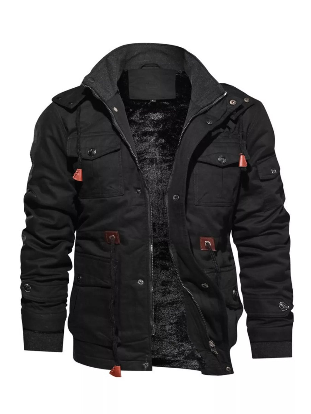 Men's plus size warm winter coat with a zip-up front, black fabric, and hood, designed for cold weather from Shopimist.