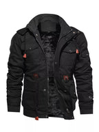 Men's plus size warm winter coat with a zip-up front, black fabric, and hood, designed for cold weather from Shopimist.