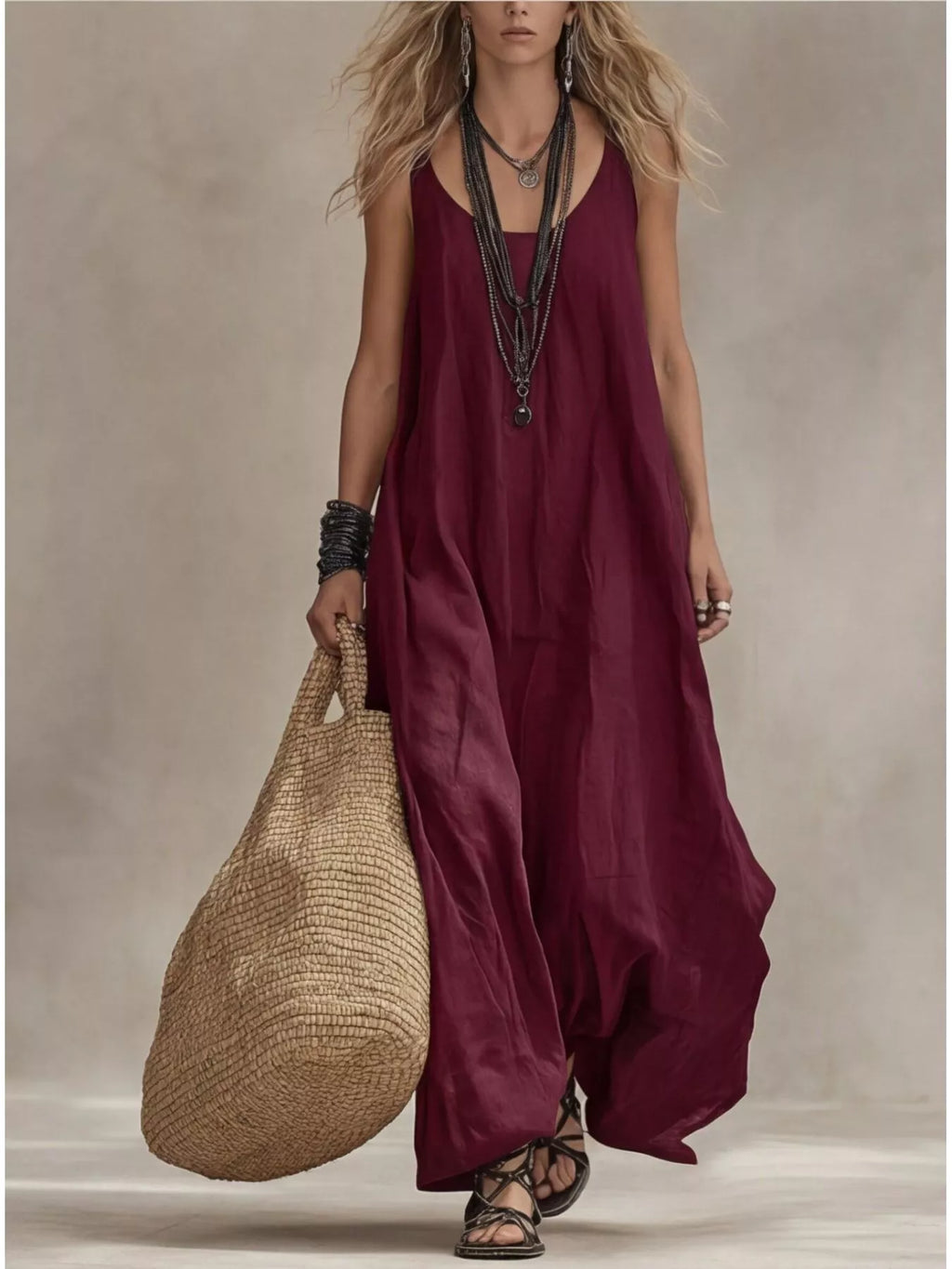Plus size full-length scoop neck sleeveless maxi dress by Shopimist, flowing fabric and elegant design in natural setting.