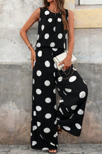 Polka dot sleeveless top and wide-leg pants two-piece set by Trendsi, featuring a stylish matching polka dot design and casual fit.