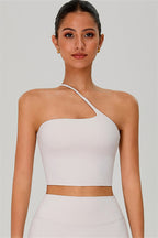 Fitglutes activewear one-shoulder crop top and shorts 2-piece set, stylish gymwear and workout clothes for women.