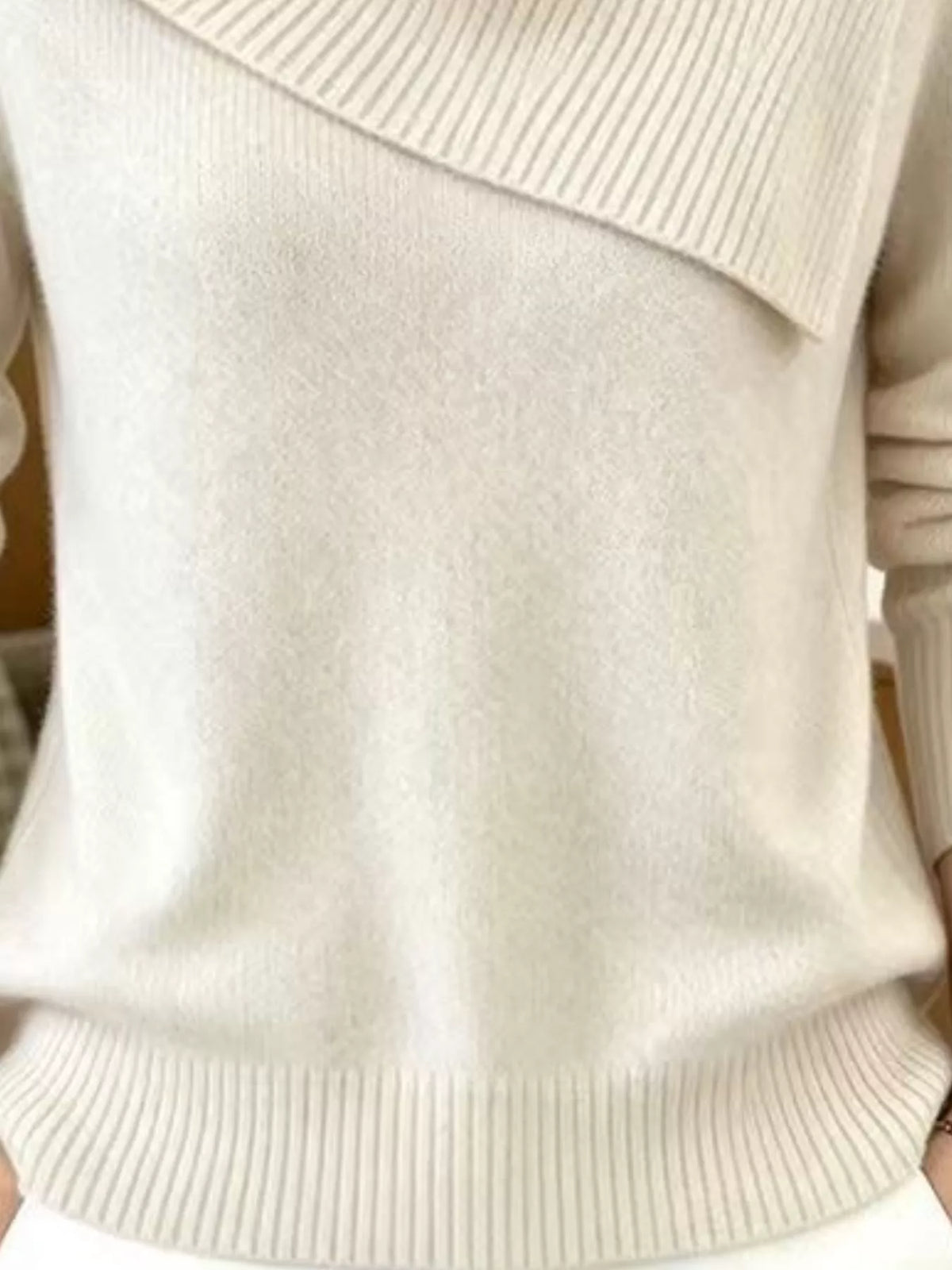 Plus size full-length sweater with asymmetric ribbed collar by Trendsi, featuring a cozy knit texture and relaxed fit.