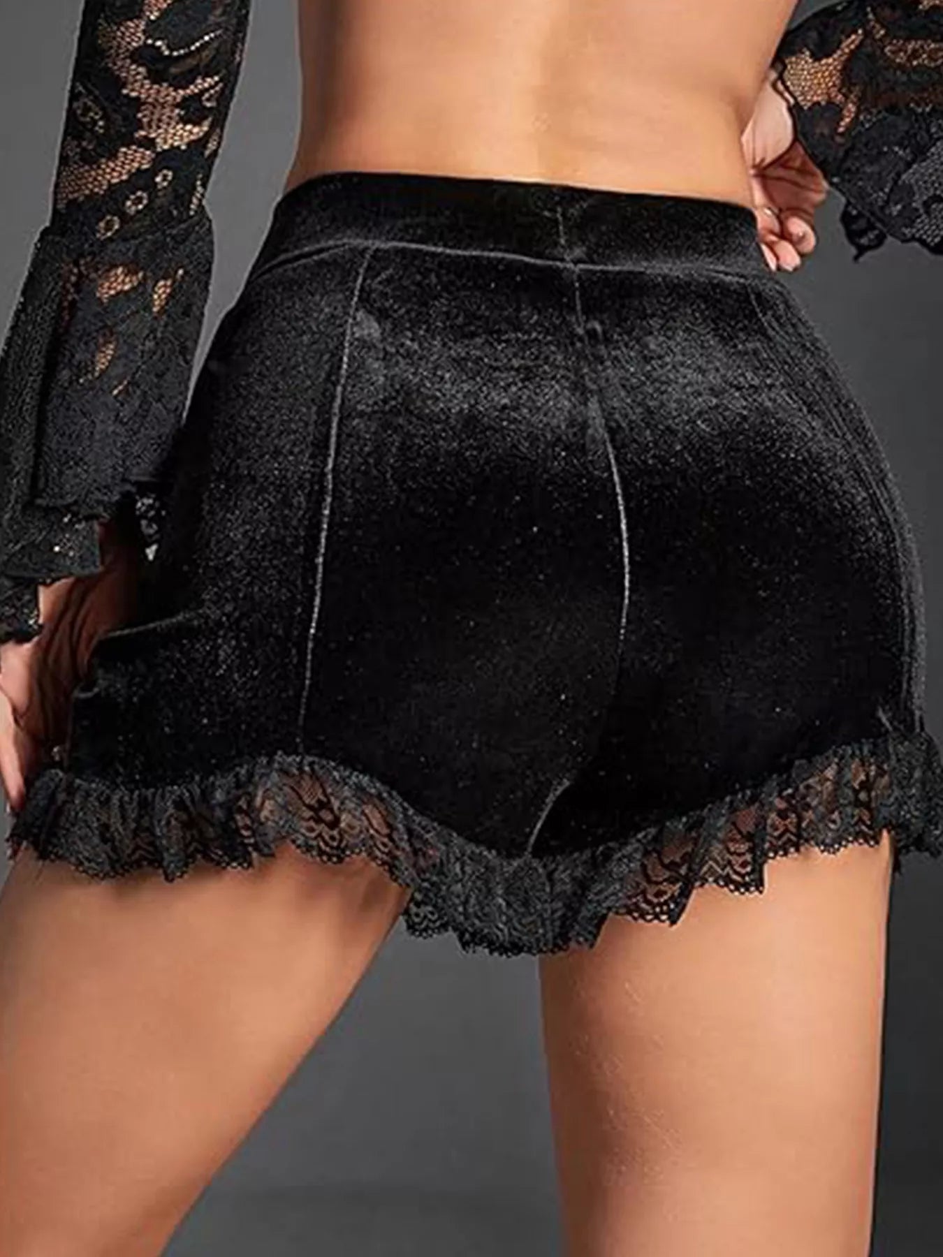 Velvet ruched lace trim shorts from Plush Fashion Hub, stylish pants with delicate lace accents and ruched detailing.