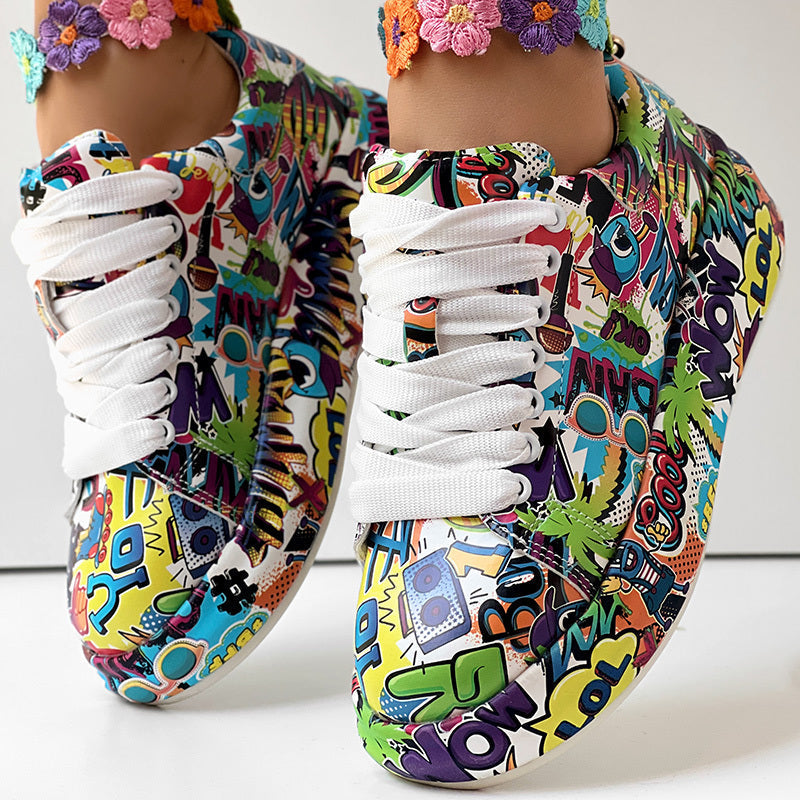 Round-toe thick-sole lace-up sneakers for women by Plush Fashion Hub, featuring casual print design and durable footwear style.