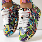 Round-toe thick-sole lace-up sneakers for women by Plush Fashion Hub, featuring casual print design and durable footwear style.