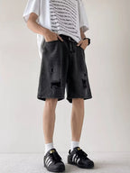 Men's casual loose fit ripped denim shorts in plus size by Simply Love, showing distressed denim and relaxed style.