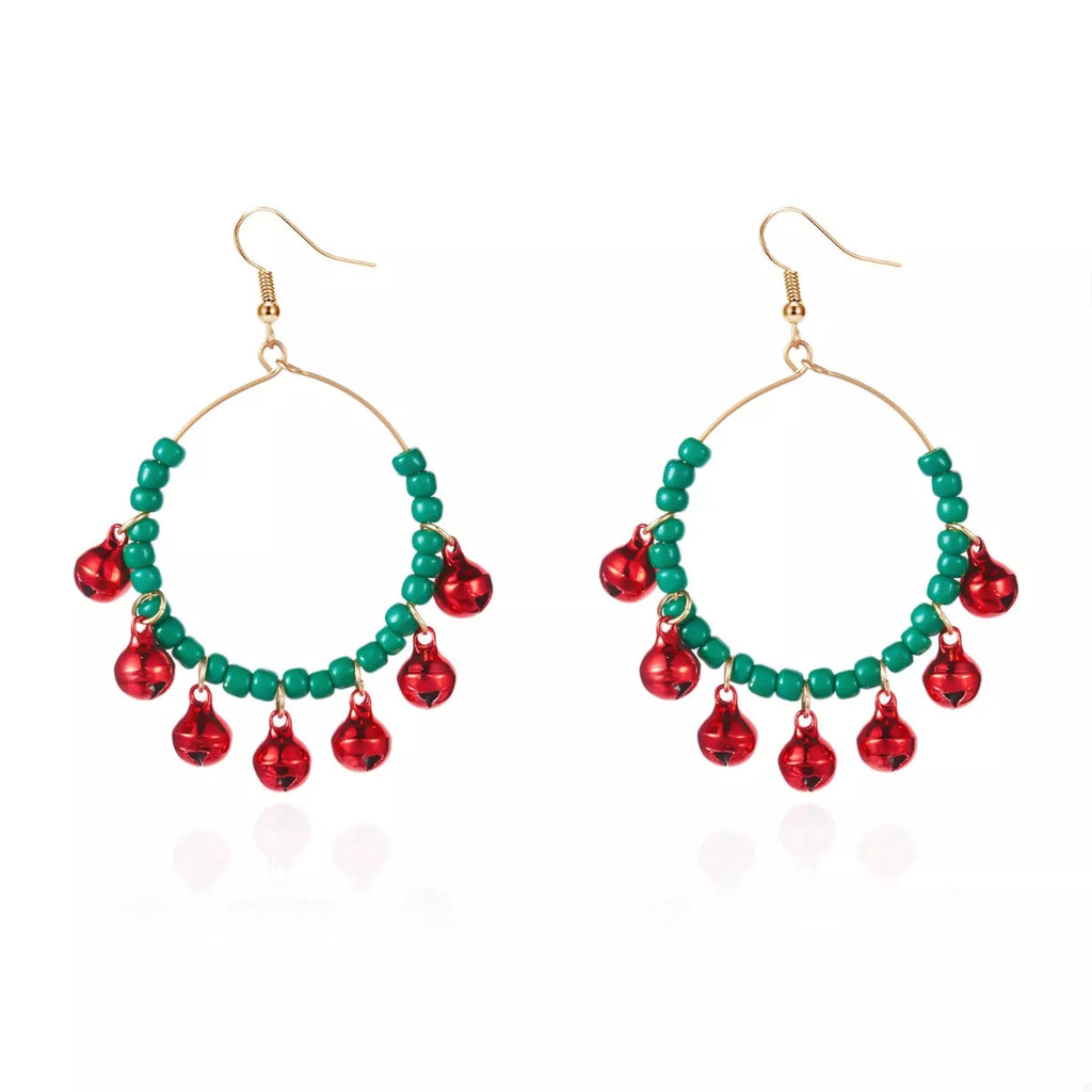 Christmas beaded hoop earrings with jingle bells, featuring festive red and green beads and silver hoops, by Shopimist.