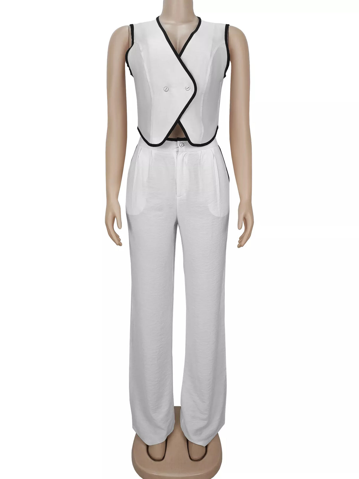 Trendsi contrast trim vest and wide-leg pants two-piece sweater set, featuring a stylish coordinated look with contrasting details.