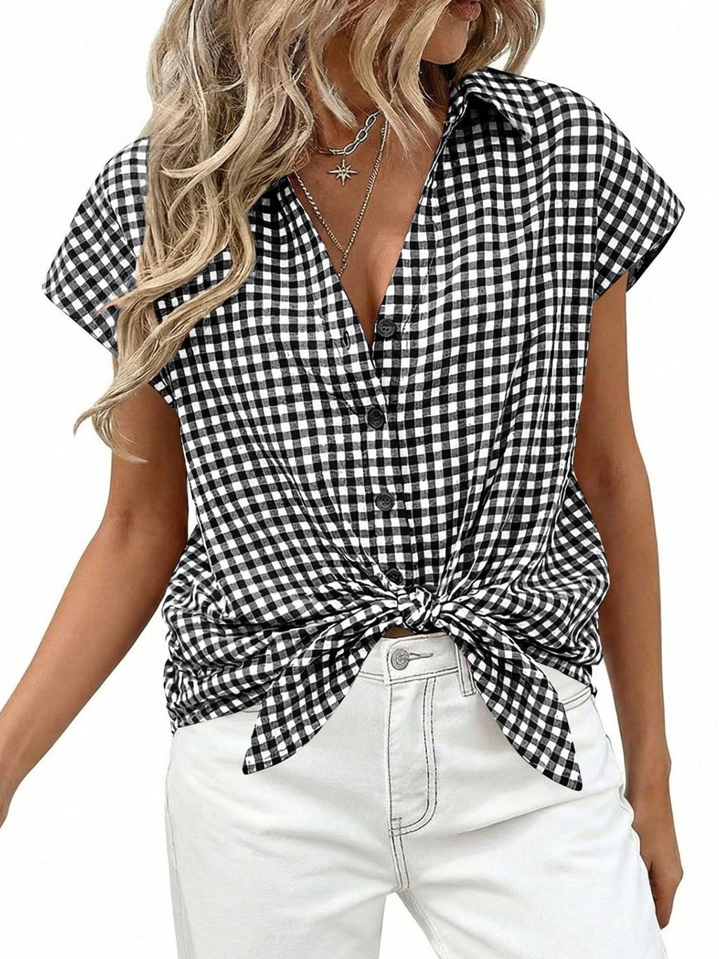 Women's gingham print button-down shirt with tie detail by Trendsi, featuring classic pattern and stylish design.