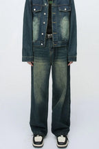 Plush Fashion Hub baggy denim jeans with multiple pockets, relaxed fit, and classic blue denim fabric.
