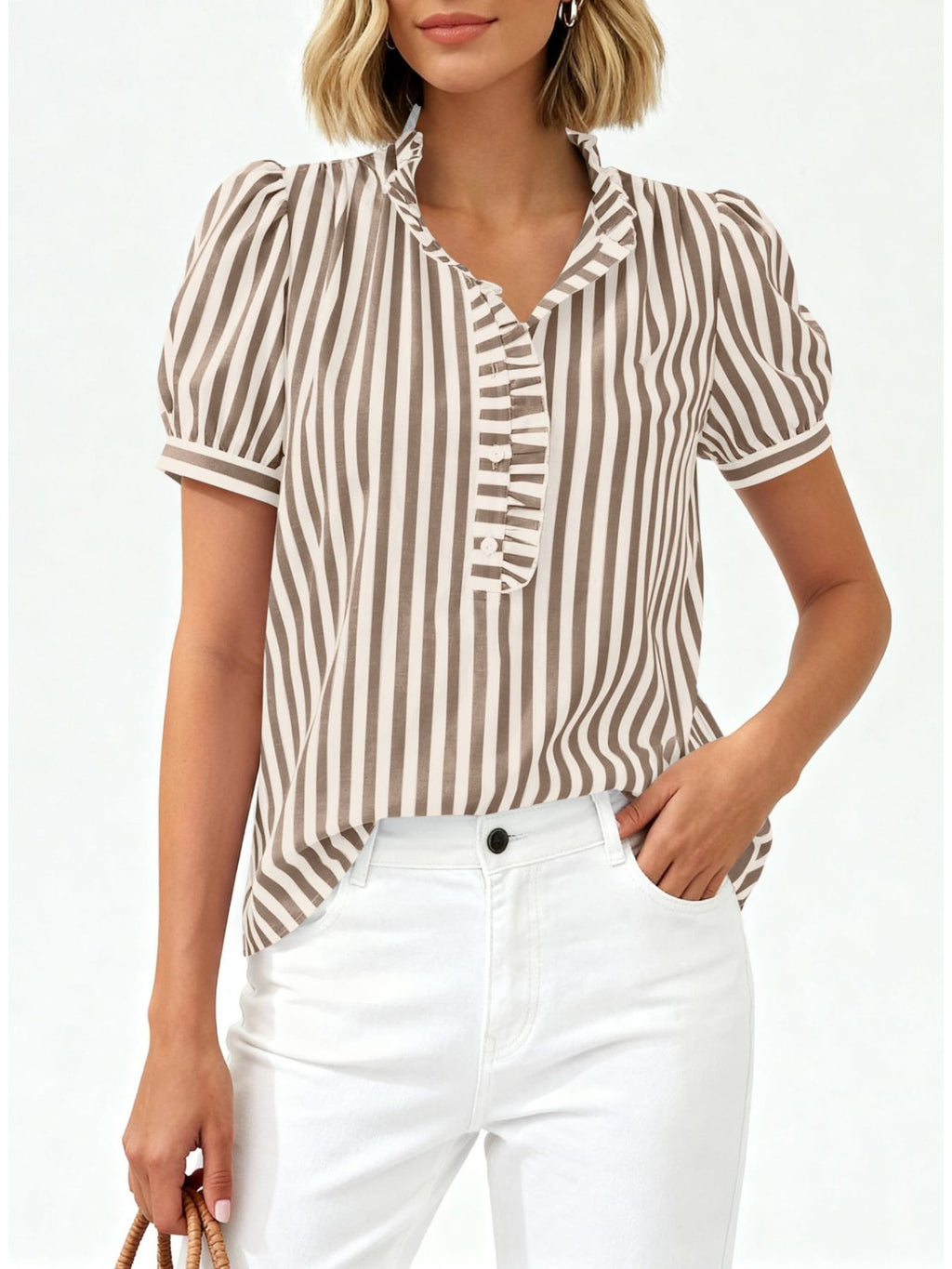 Women's striped puff sleeve blouse with ruffled details, stylish and lightweight, from Trendsi.