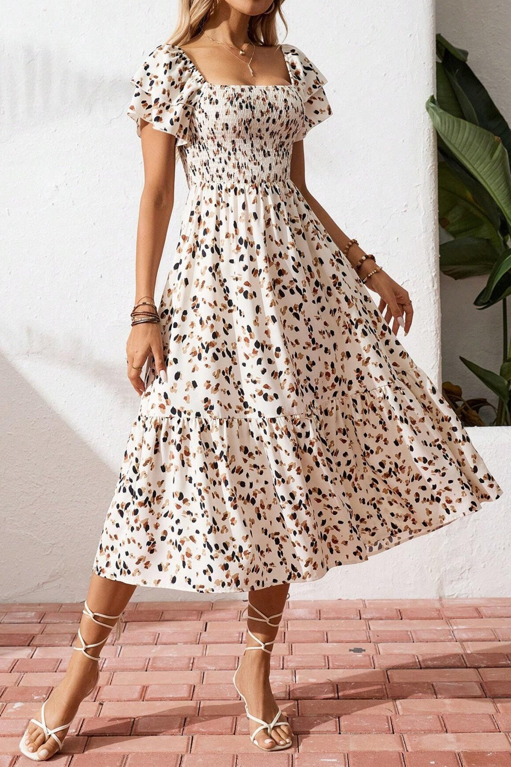 Women's square neck ruffle sleeve smocked midi dress in cotton blend, featuring a stylish and comfortable design by Plush Fashion Hub.