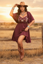 Women's floral embroidered ruffle short-sleeve midi dress by FitiqueFit, featuring colorful floral embroidery and ruffle details.