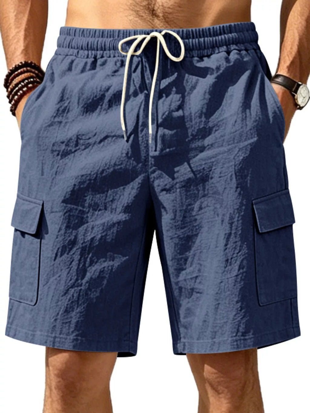 Men's plus size casual cargo shorts with drawstring waist, shown in neutral color, featuring multiple pockets and relaxed fit.