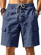 Men's plus size casual cargo shorts with drawstring waist, shown in neutral color, featuring multiple pockets and relaxed fit.