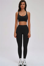 Fitglutes Activewear Kinetic Cross Back Sports Bra and Leggings 2-piece set, showing the stylish workout clothes on a model.