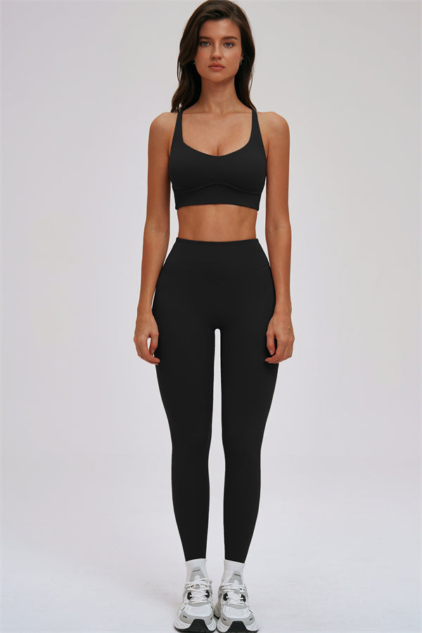 Fitglutes Activewear Kinetic Cross Back Sports Bra and Leggings 2-piece set, showing the stylish workout clothes on a model.