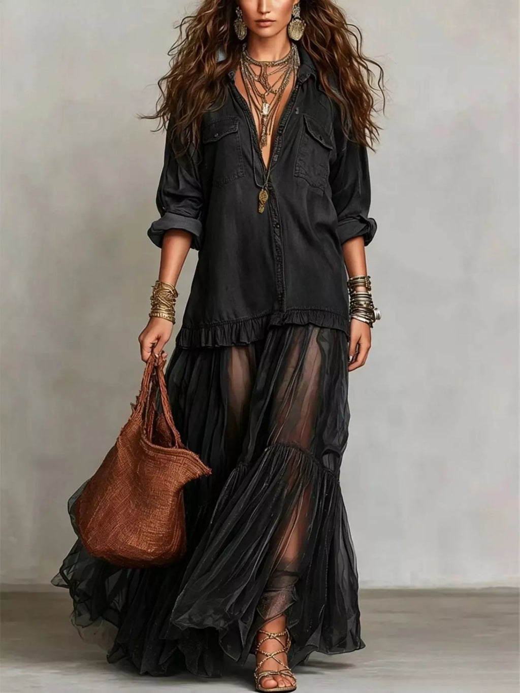 Long sleeve sheer ruffle maxi dress by Shopimist featuring flowing fabric and elegant ruffle details.