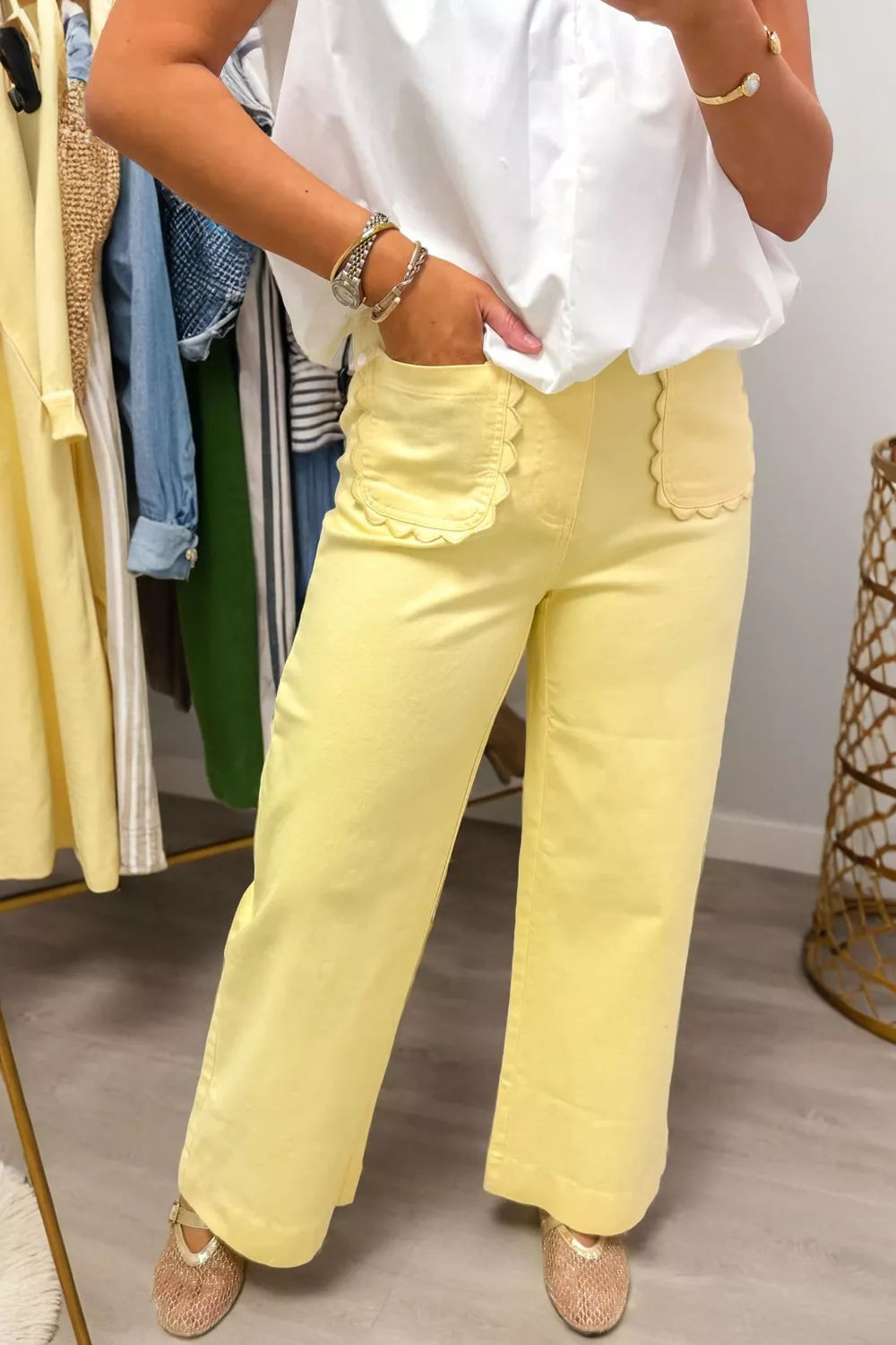 Solid color scalloped patch pocket shift jeans by Plush Fashion Hub, showcasing the stylish scalloped pocket design and relaxed fit.