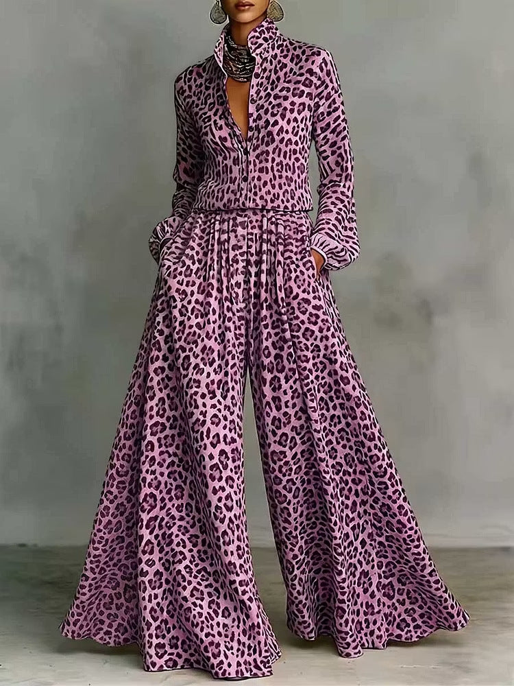 Leopard print wide-leg pants and matching top set for women, casual two-piece outfit from Plush Fashion Hub.