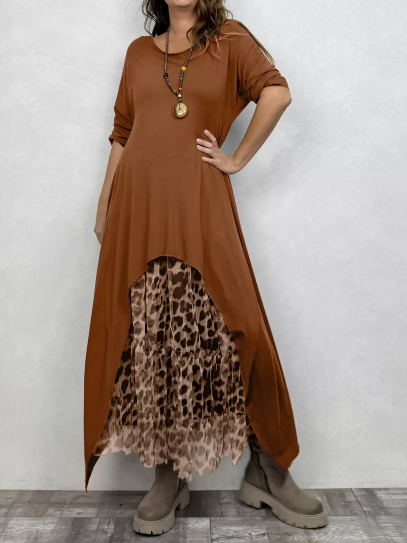 Plus size leopard print asymmetrical hem midi dress by Shopimist, featuring a stylish design with a flowing, uneven hemline.
