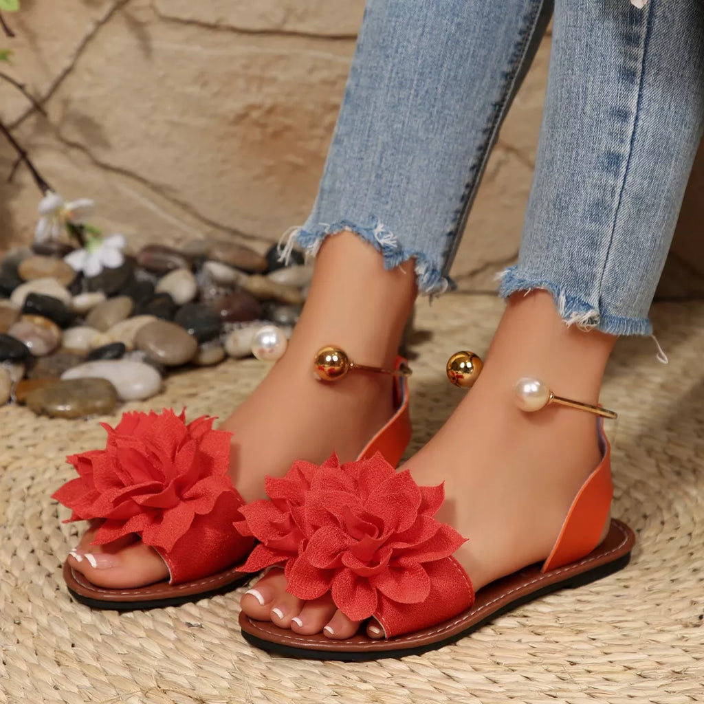Shopimist floral decor flat sandals with colorful flower embellishments and comfortable straps, ideal for casual summer wear.