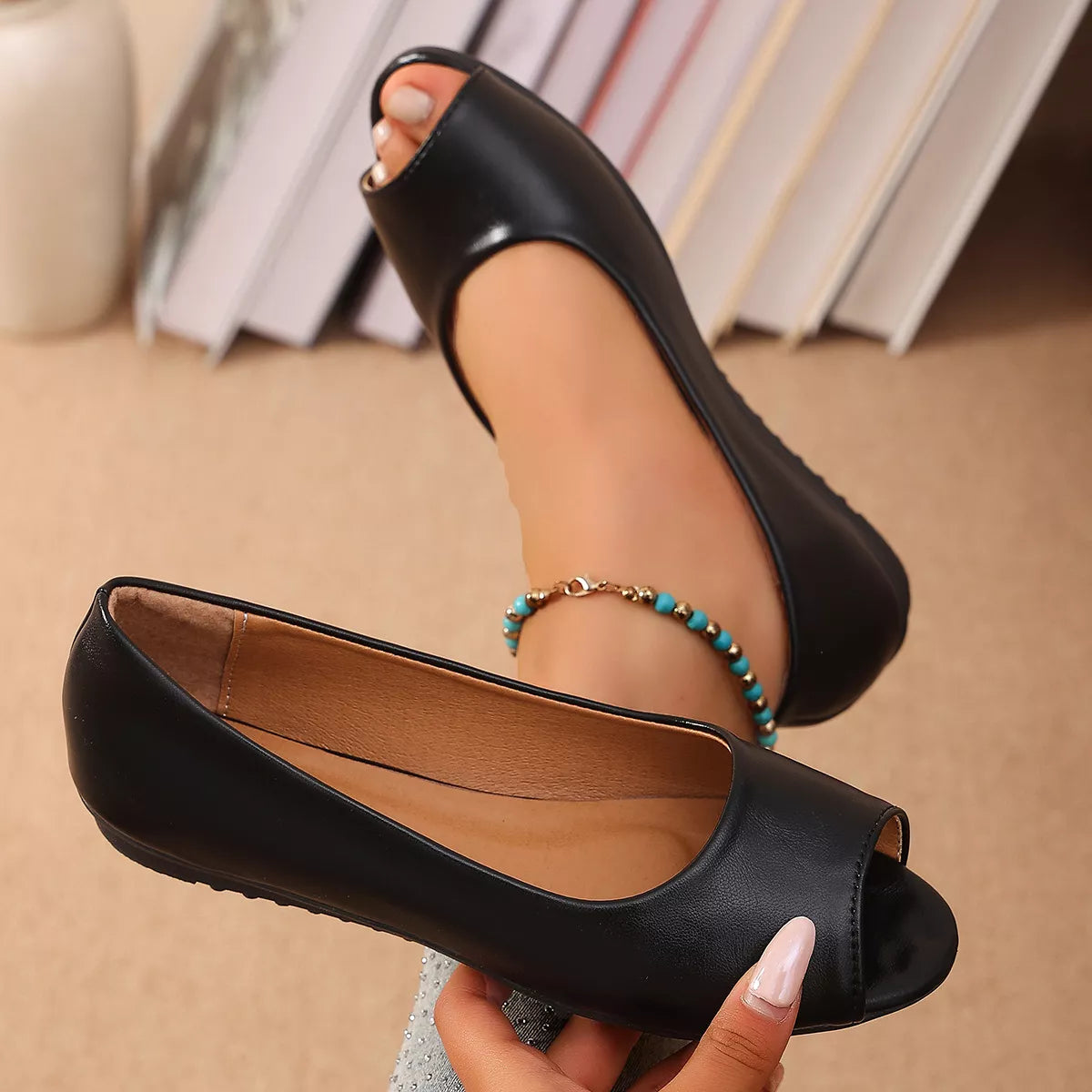 Shopimist peep toe flats sandals with open toe design and sleek style, perfect for casual or dressy summer wear.