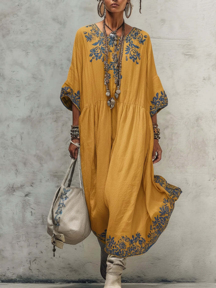 Women's printed batwing sleeve midi dress by Plush Fashion Hub featuring a loose fit linen blend fabric and stylish design.