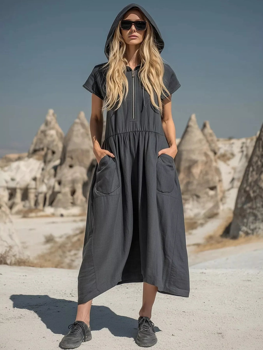 Plus size hooded midi dress by Shopimist with zipper and pockets, featuring a full-length design and comfortable fit.