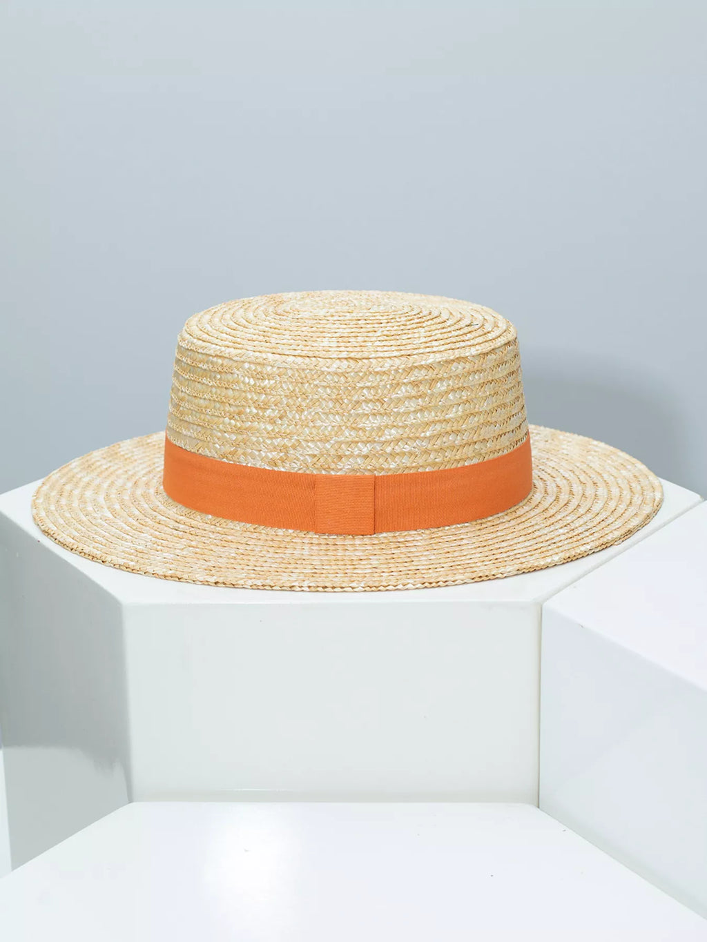 Plush Fashion Hub classic wheat straw boater hat with decorative ribbon, perfect elegant summer accessory.