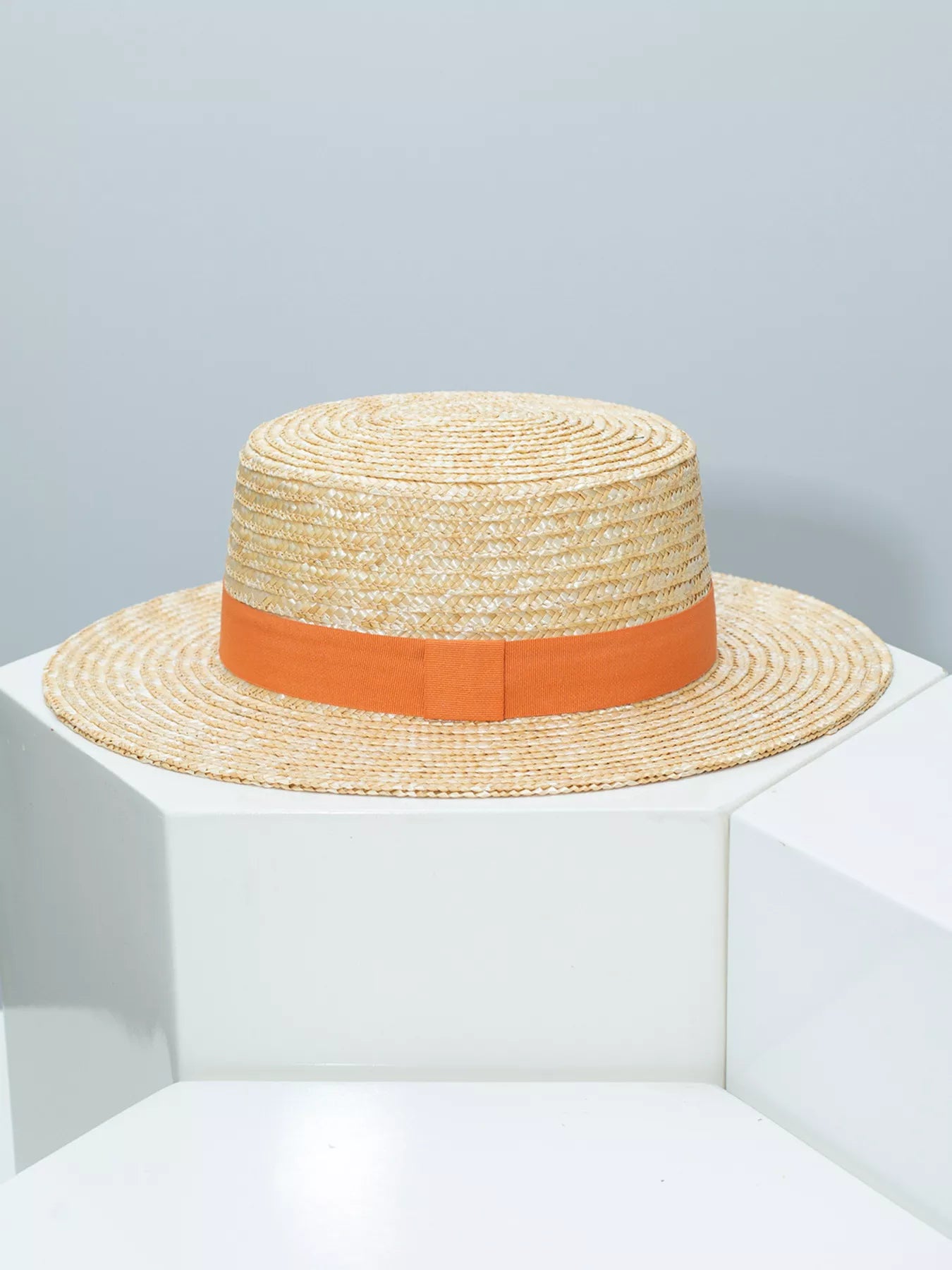 Plush Fashion Hub classic wheat straw boater hat with decorative ribbon, perfect elegant summer accessory.