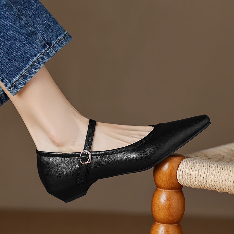 Women's floral detail pointed toe low square heel buckle flats from Plush Fashion Hub, showcasing elegant dress shoe design with floral accents.