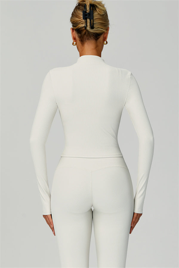Plush Fashion Hub Burst Jacket, sports bra, and leggings 3-piece activewear set displayed on a model, perfect for workouts.