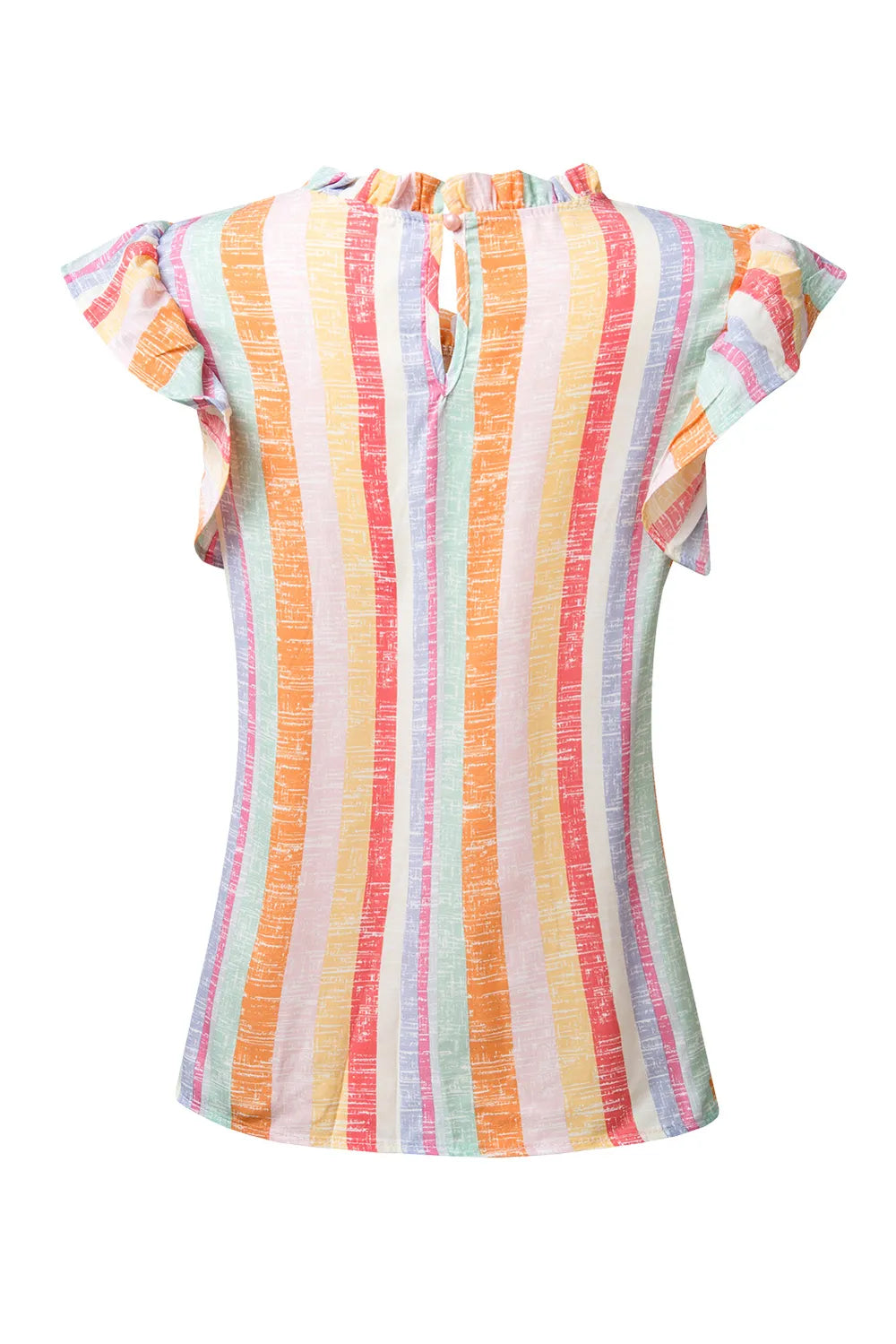 Women's ruffled striped cap sleeve blouse by Trendsi, lightweight casual chic top with ruffle detail and striped pattern.