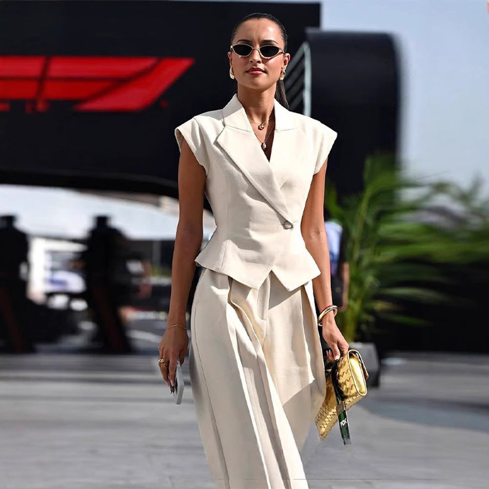 Women’s sleeveless waist-cinching two-piece suit set by FitiqueFit, casualwear with an elegant design and tailored fit.