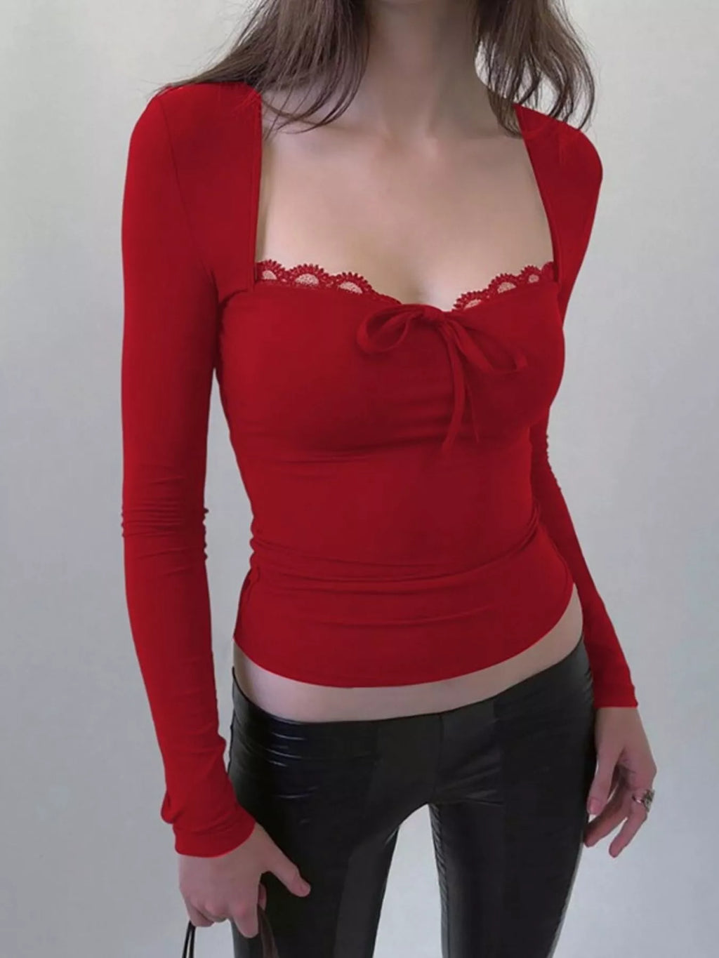 Shopimist lace trim long sleeve T-shirt featuring delicate lace accents on soft, casual tops with a stylish and feminine touch.