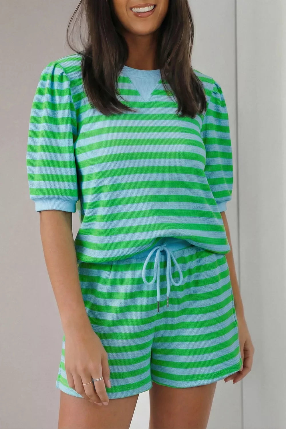 Stripe colorblock puff sleeve top and drawstring shorts set from Plush Fashion Hub, featuring vibrant stripes and casual style.