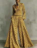 Leopard print wide-leg pants set for women, featuring a casual two-piece outfit with relaxed fit and bold animal print design.