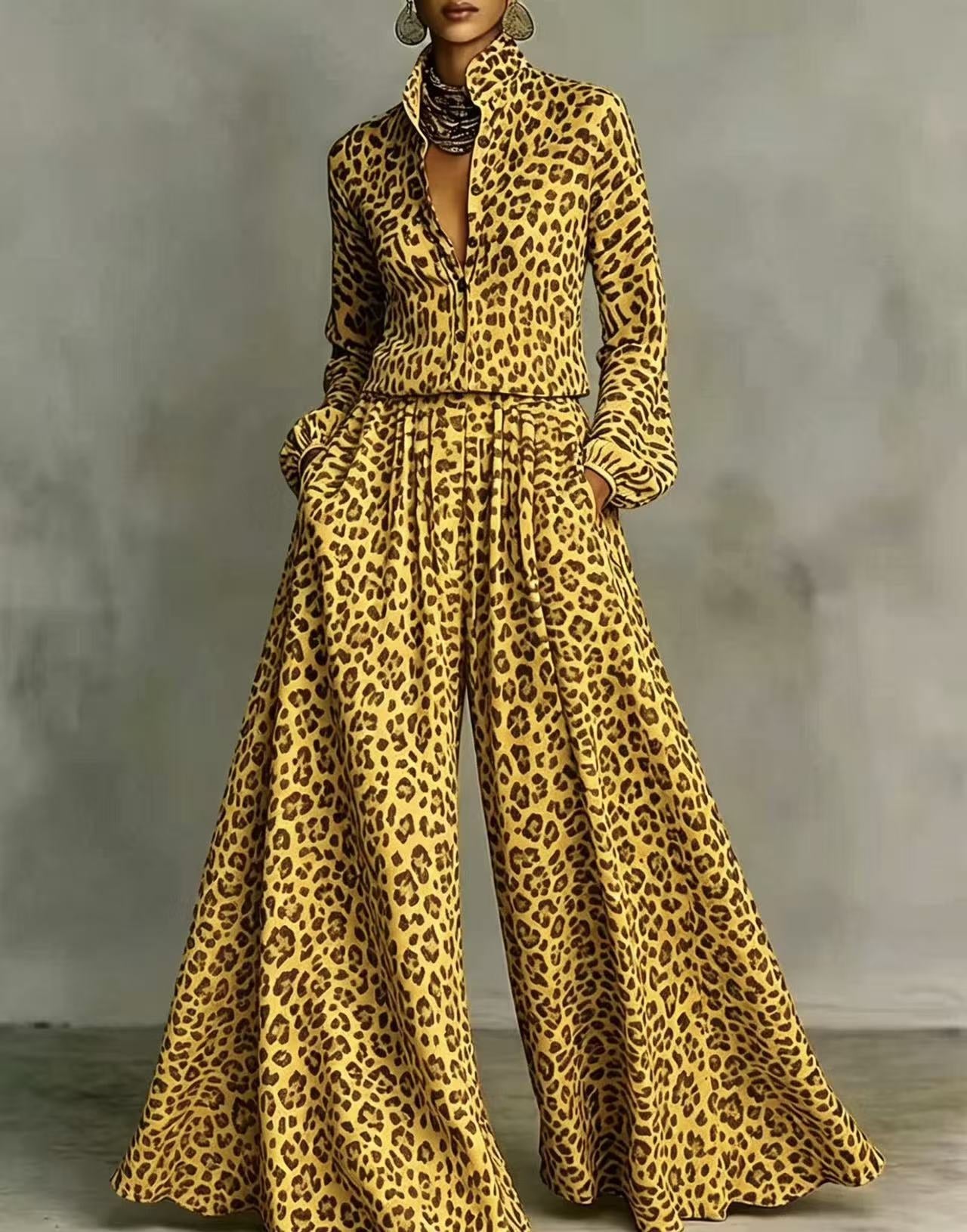 Leopard print wide-leg pants set for women, featuring a casual two-piece outfit with relaxed fit and bold animal print design.